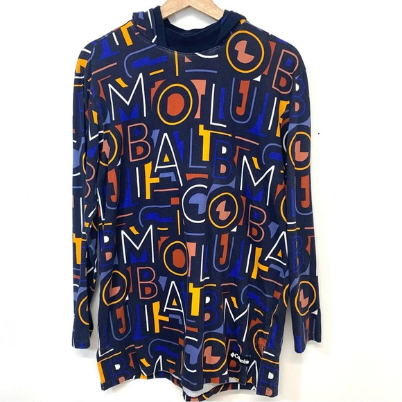 Columbia All Over‎ Print Hood Top Woman Medium  Y2K Spell Out Tunic 100% Cotton - Picture 1 of 11